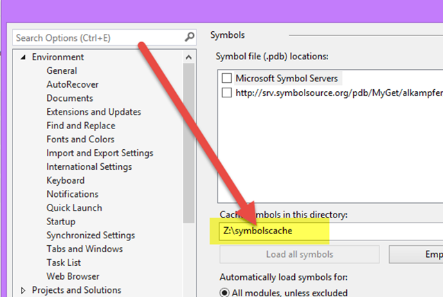 Visual Studio options to use local folder as a symbol cache