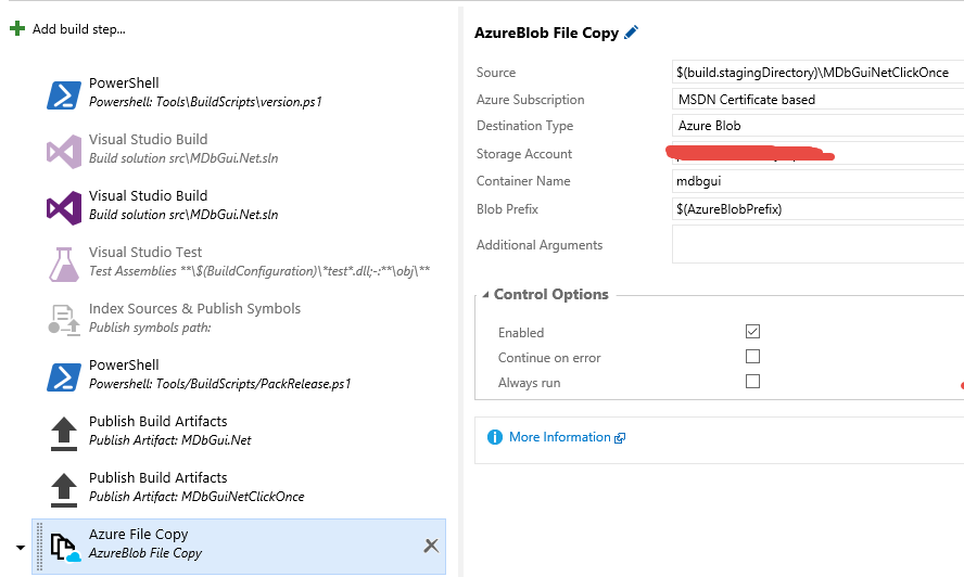Sample build vNext that has an Azure File Copy task configured.