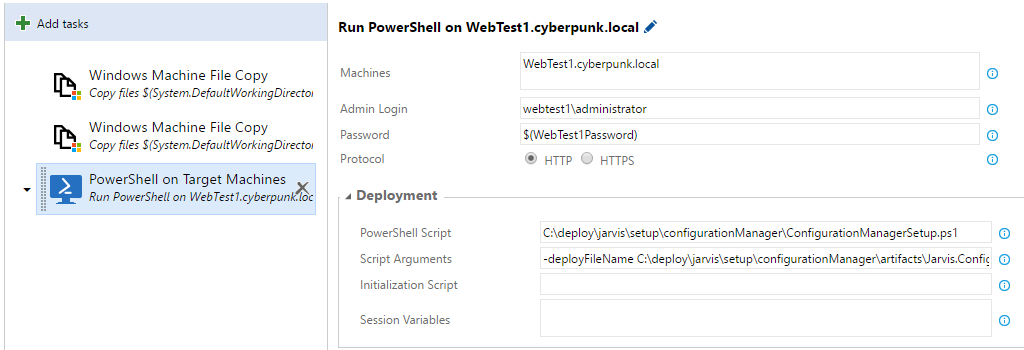 This image shows the configuration of the Remote Powershell task that allows you to execute a powershell in a remote machine.