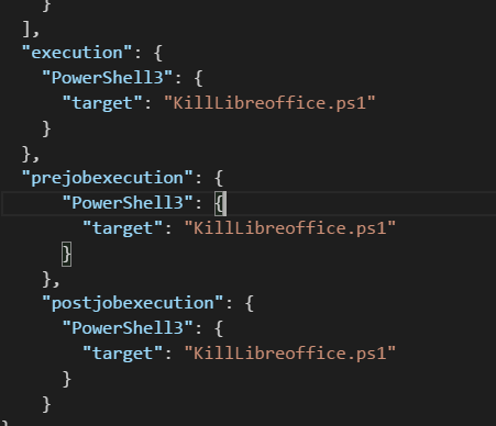 Section of task.json file showing the use of prejobexecution.
