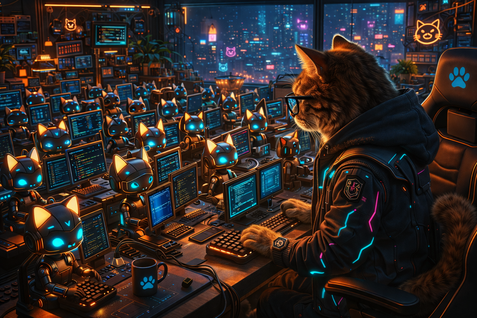 Un programmatore controlla uno swarm di agenti AI che stanno scrivendo codice.