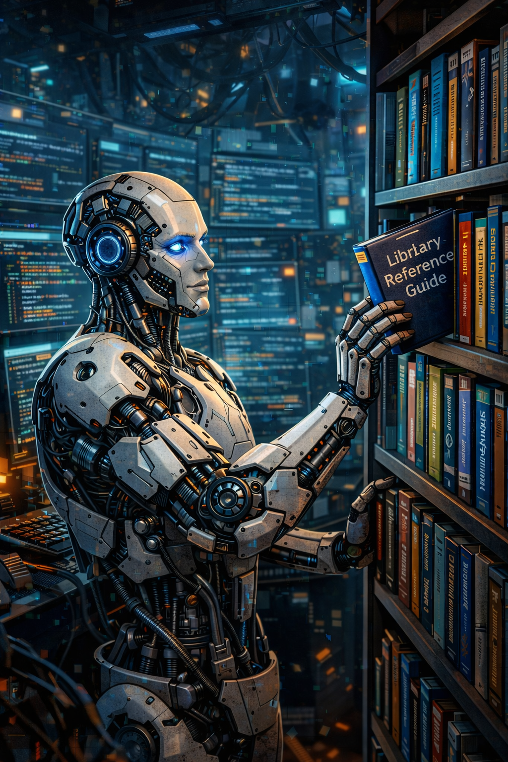 Un assistente robotico consulta la documentazione di una libreria software in una biblioteca digitale