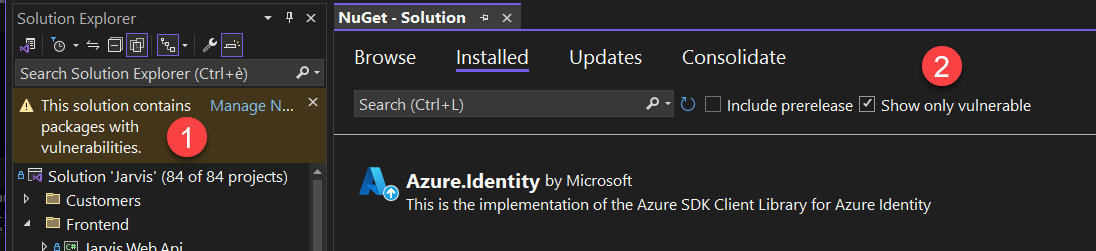 Visual Studio allows you to filter only for vulnerable packages in project references