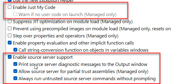 Configure just-my-code options to debug external code