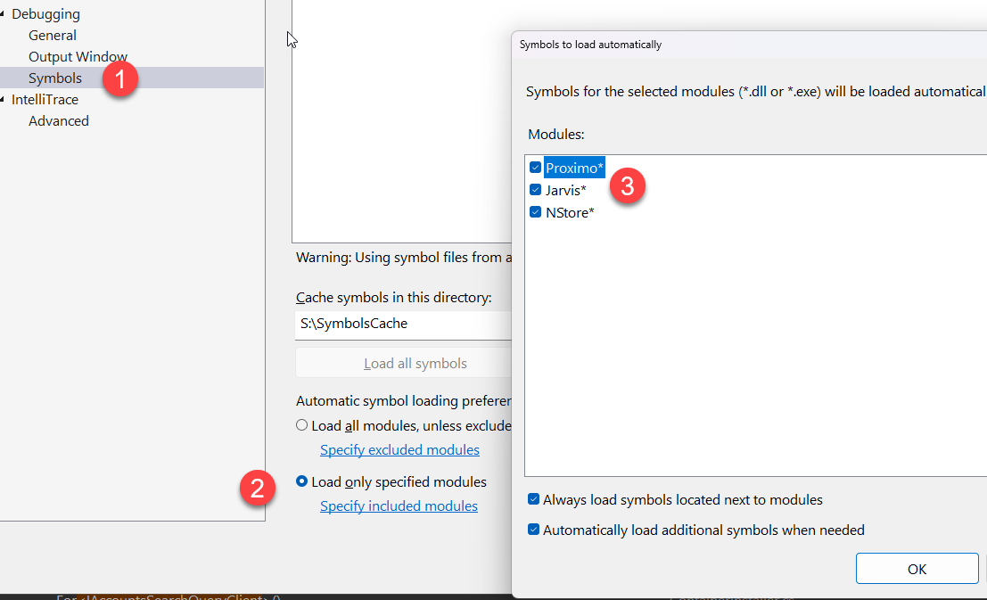 Limit the modules you want to debug in Visual Studio Symbol Options