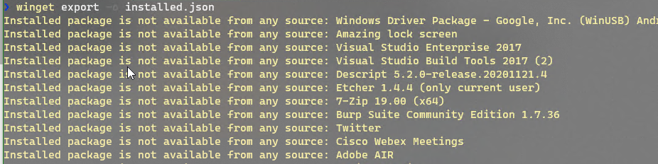 Winget export list of installed software on a json file