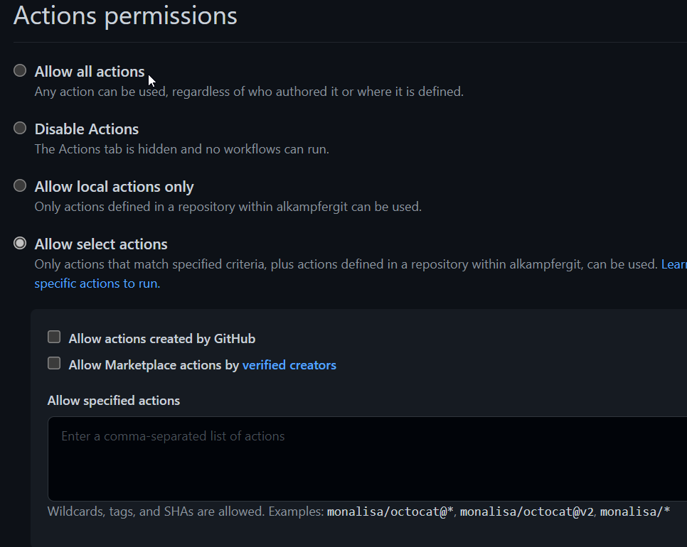 Actions permission in GitHub repository
