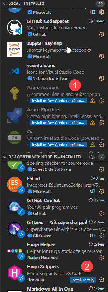 Extensions in local and container version of Visual Studio Code