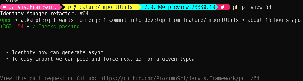 GitHub command line shows pull request details