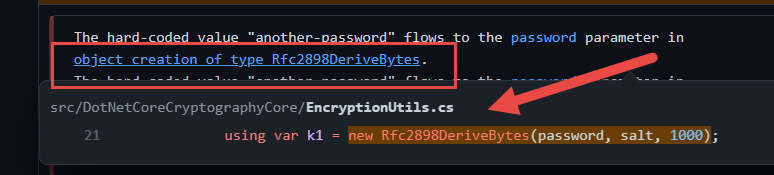 The function that creates the Rfc2898DeriveBytes object uses hardcoded value &ldquo;another-password&rdquo;.